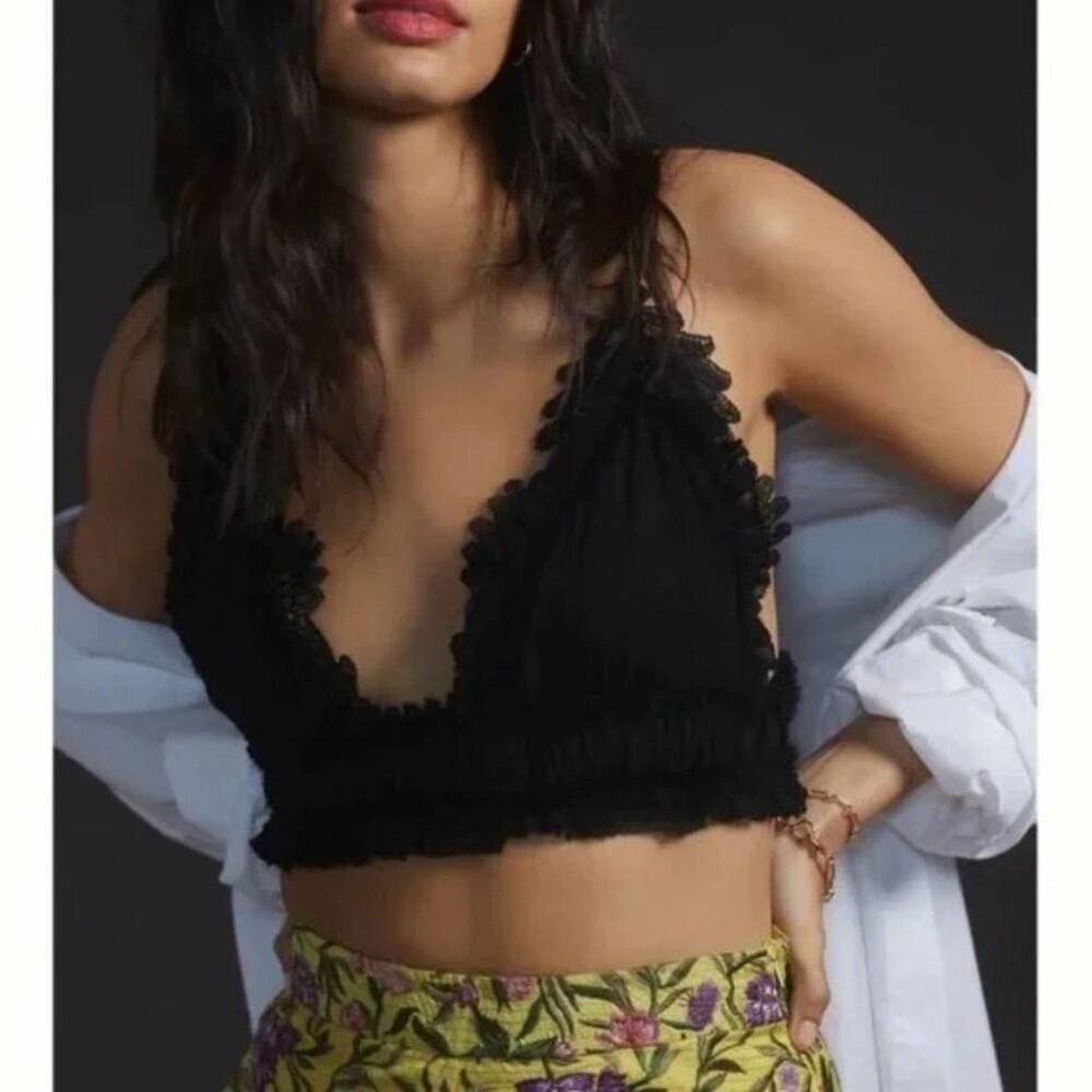 Magali Pascal Emiliana Bralette black ruched chiffon lace bra top adjustable